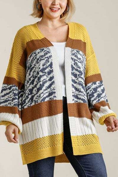 Umgee Full Size Color Block Open Front Longline Cardigan Plus Size - Trendsi - Flyclothing LLC