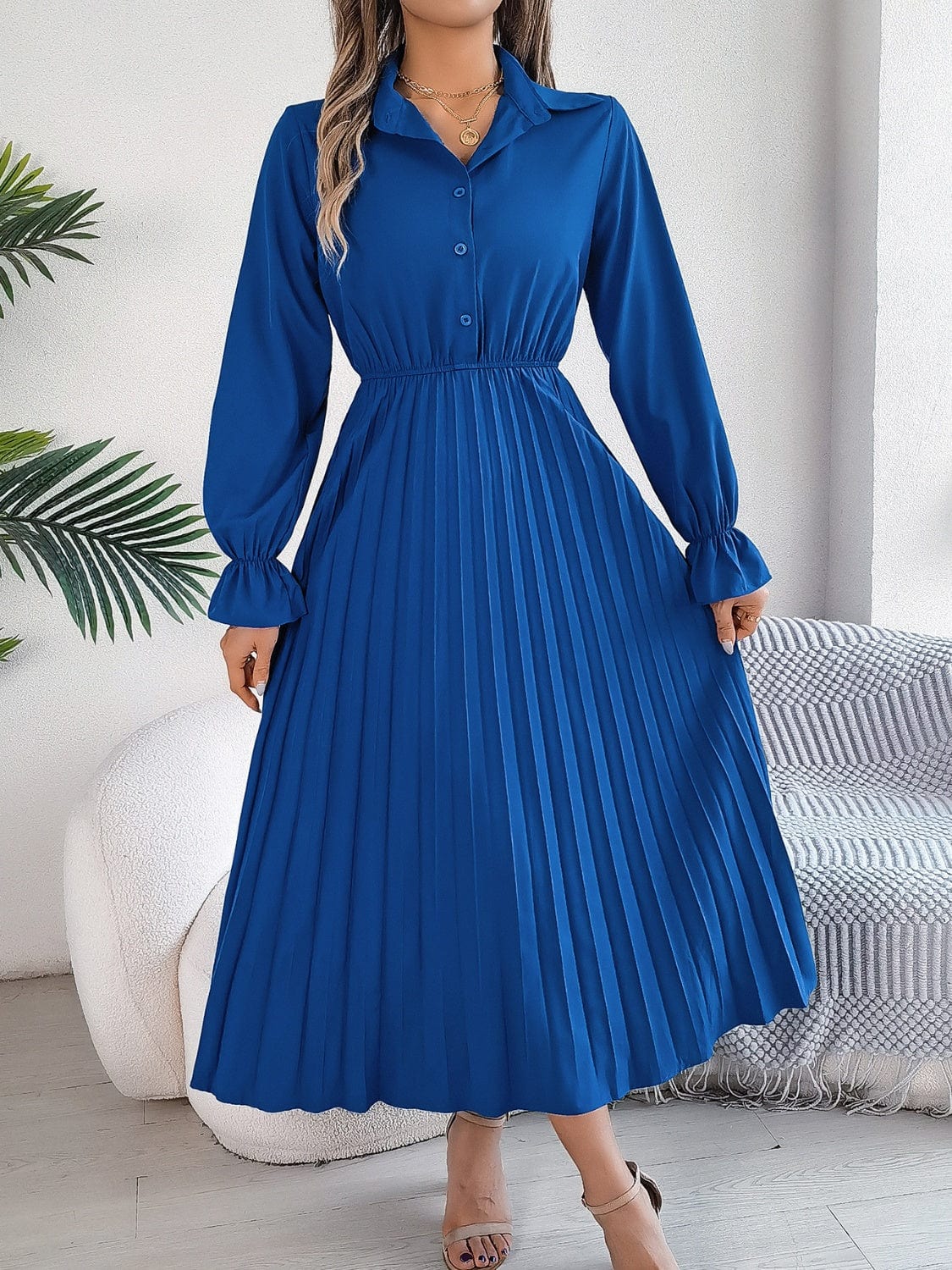 Pleated Half Button Long Sleeve Midi Dress - Trendsi