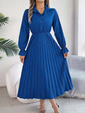 Pleated Half Button Long Sleeve Midi Dress - Trendsi - Flyclothing LLC