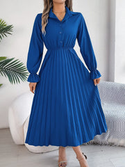 Pleated Half Button Long Sleeve Midi Dress - Trendsi