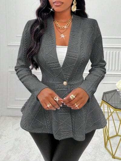 One Button Textured Peplum Cardigan - Trendsi - Flyclothing LLC