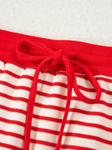 Stripe Collared V Neck Drop Shoulder Pullover and Skort 2pcs Outfit - Trendsi - Flyclothing LLC