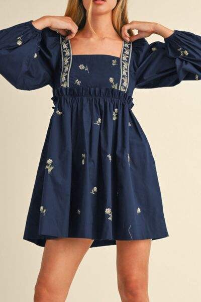 Floral Square Neck Balloon Sleeve Mini Dress - Trendsi - Flyclothing LLC