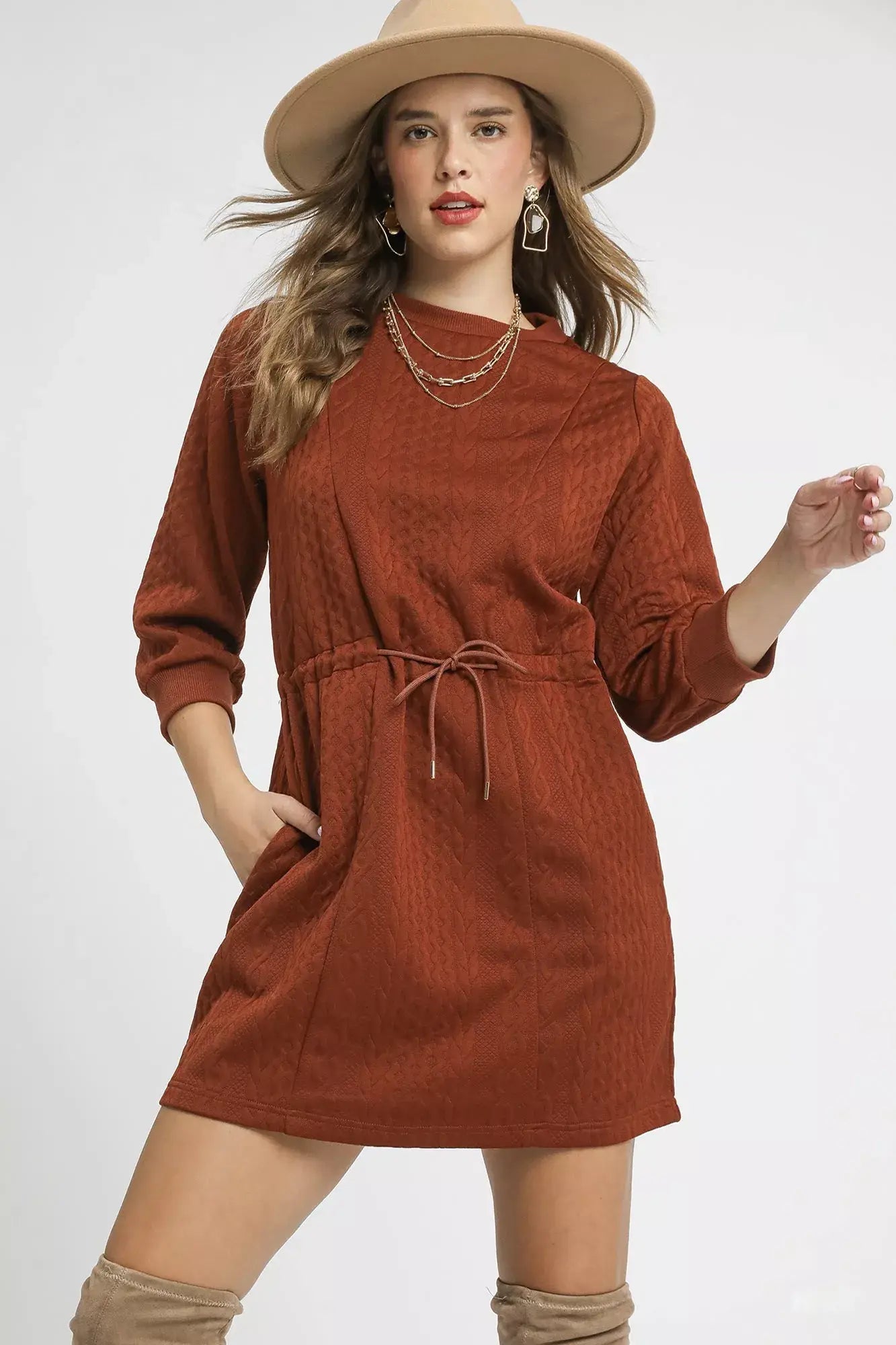 Umgee Drawstring Cable Knit Mini Dress with Pockets - Trendsi - Flyclothing LLC