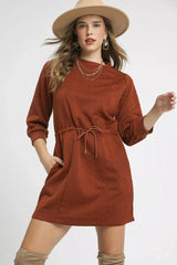 Umgee Drawstring Cable Knit Mini Dress with Pockets - Trendsi - Flyclothing LLC