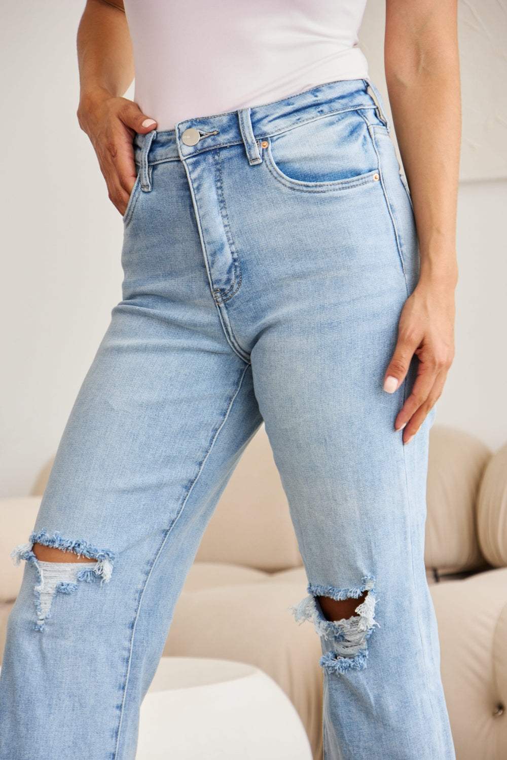 RFM Full Size Tummy Control High Waist Raw Hem Distressed Jeans - Trendsi - Flyclothing LLC