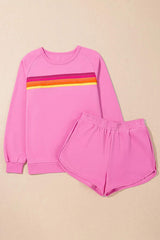 Full Size Contrast Striped Round Neck Top and Shorts Set - Trendsi - Flyclothing LLC