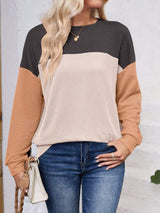 Color Block Round Neck Long Sleeve Sweatshirt - Trendsi - Flyclothing LLC