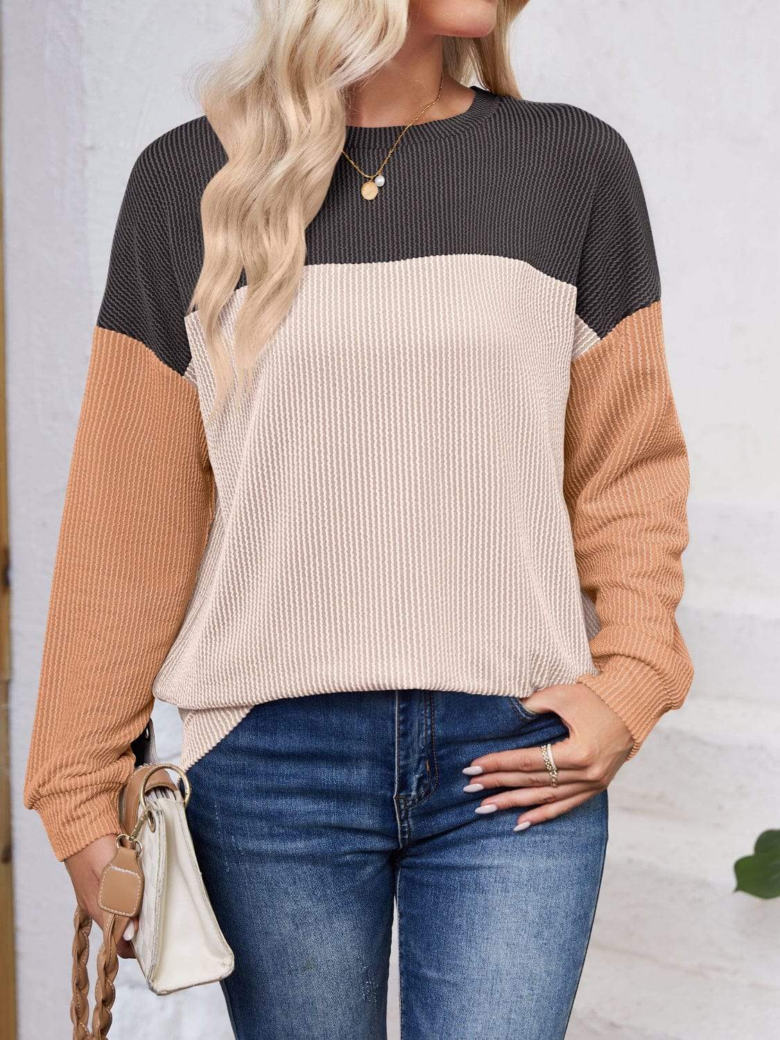 Color Block Round Neck Long Sleeve Sweatshirt - Trendsi - Flyclothing LLC