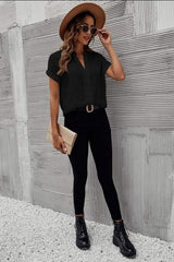 Full Size Notched Short Sleeve Blouse - Trendsi - Flyclothing LLC