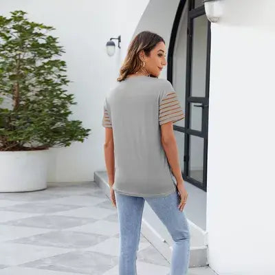 Color Block Round Neck Short Sleeve T-Shirt - Trendsi - Flyclothing LLC