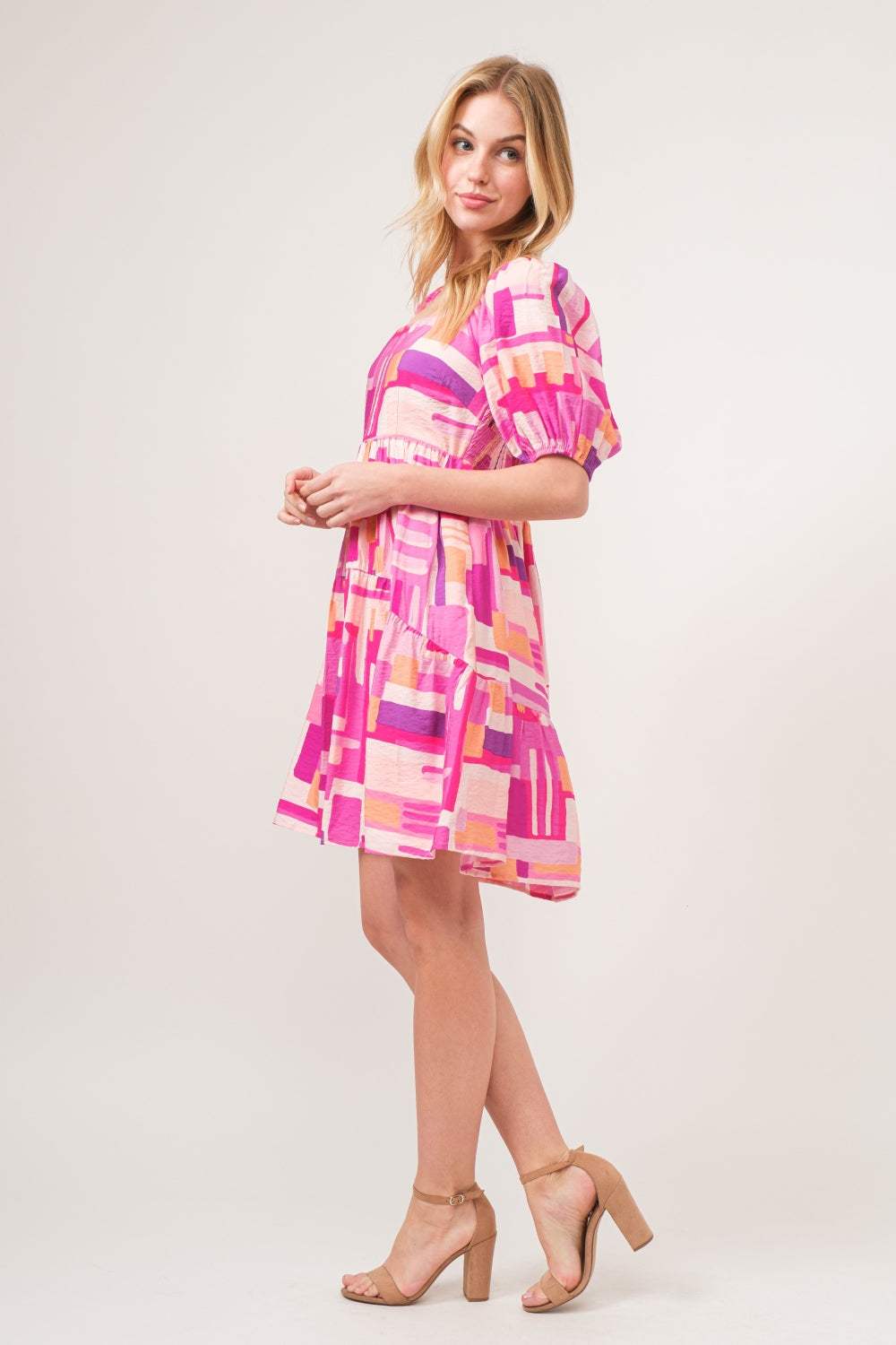 And The Why Color Block Puff Sleeve Dress - Trendsi - Flyclothing LLC