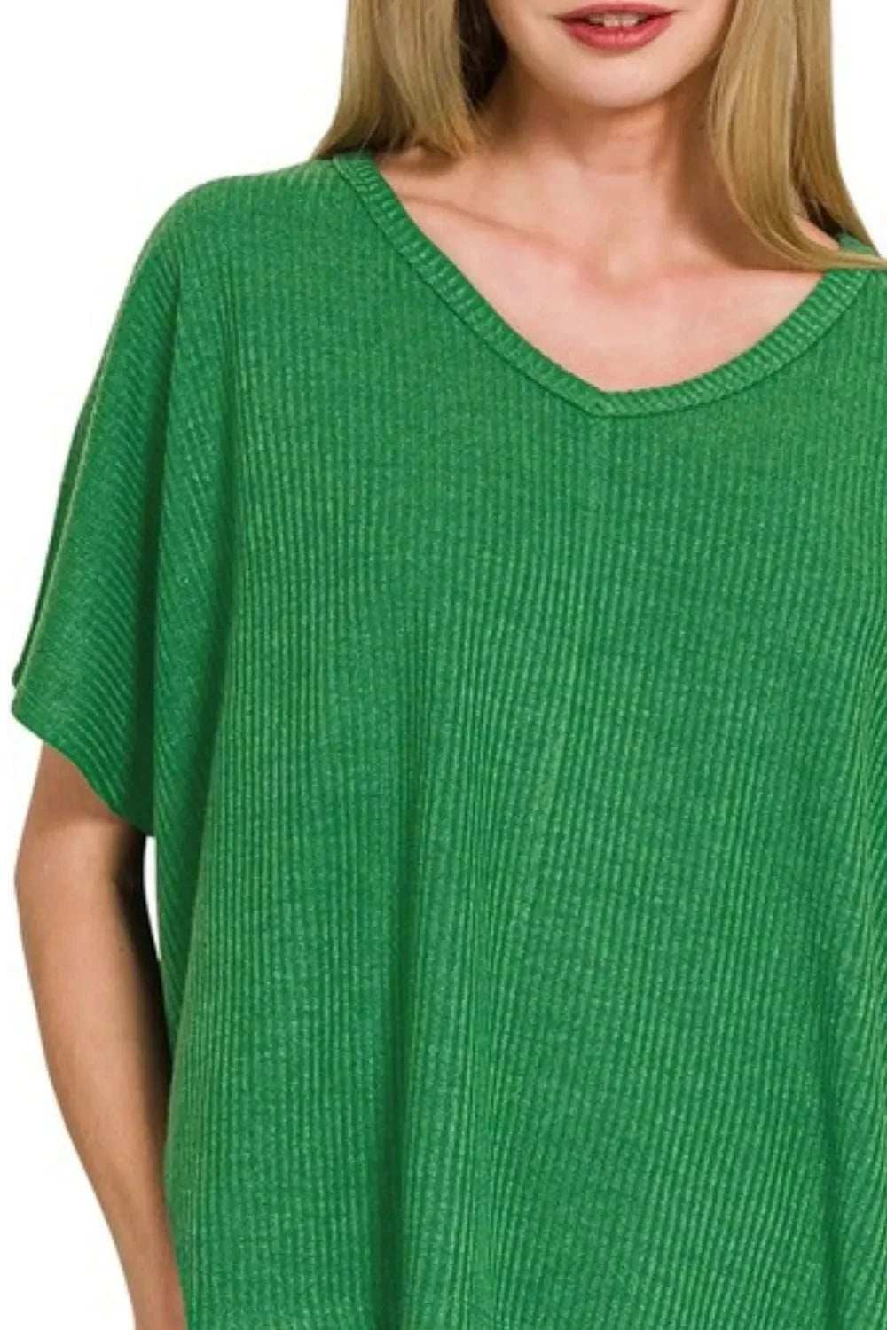 Zenana Ribbed V-Neck Short-Sleeve Knit Top - Trendsi - Flyclothing LLC