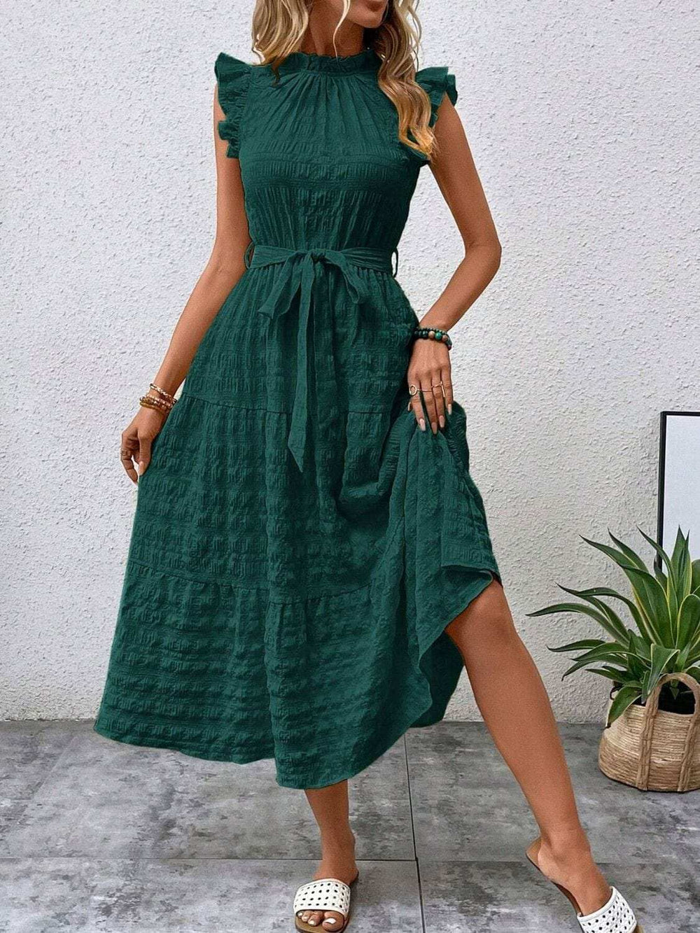 Tied Ruffled Cap Sleeve Midi Dress - Trendsi - Flyclothing LLC