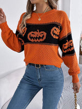 Pumpkin Round Neck Long Sleeve Sweater - Trendsi - Flyclothing LLC