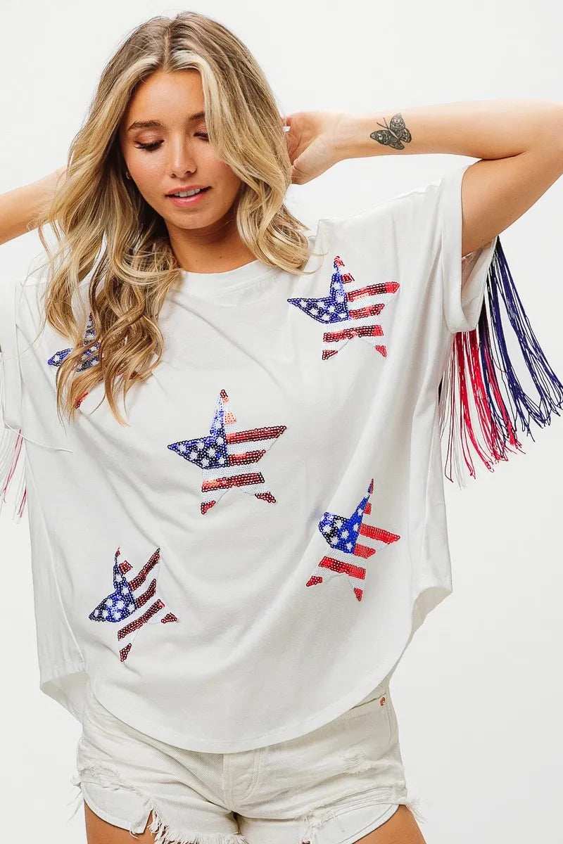 BiBi American Flag Sequin Star Fringe Top - Trendsi - Flyclothing LLC