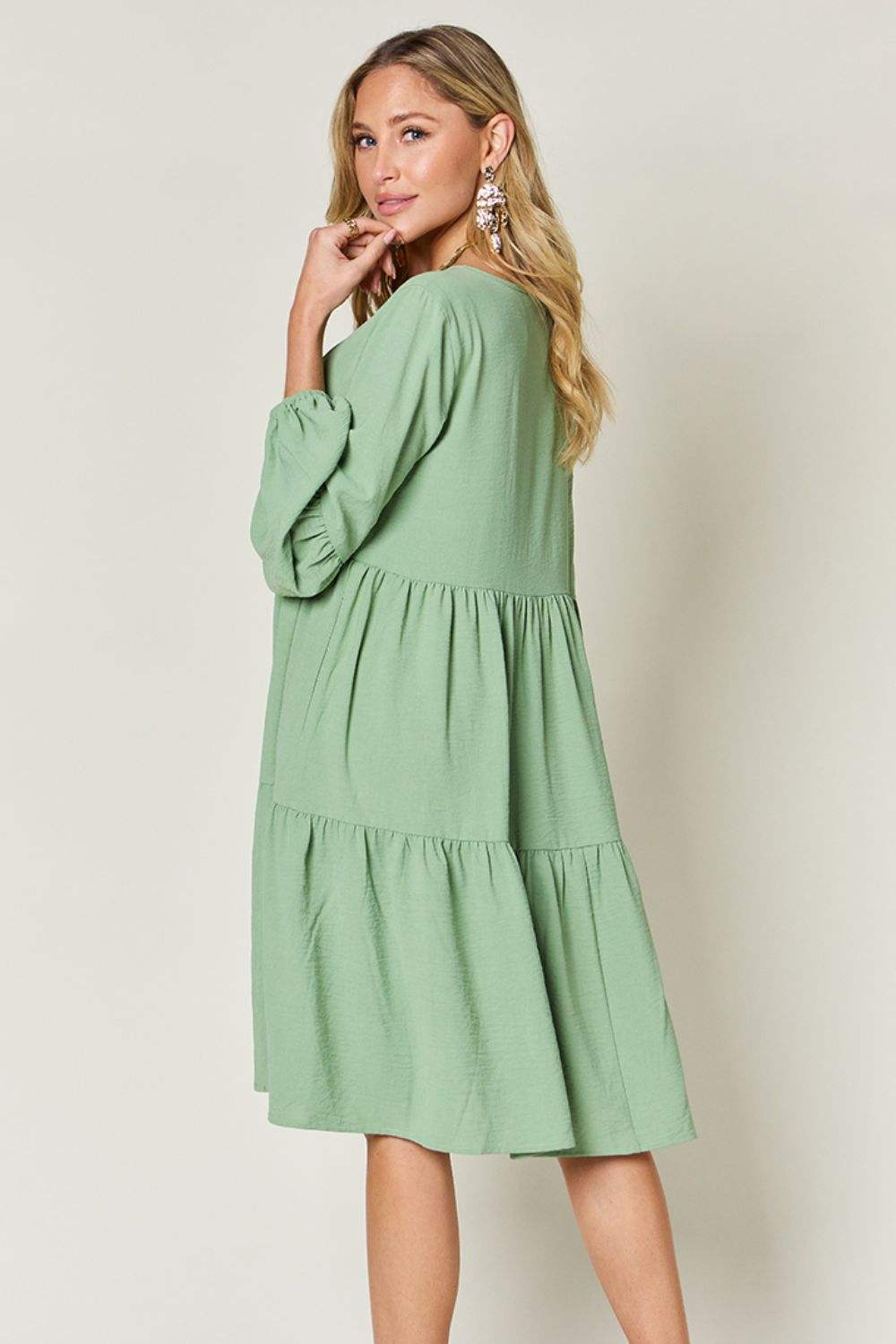 Double Take Full Size V-Neck Balloon Sleeve Tiered Dress - Trendsi - Flyclothing LLC