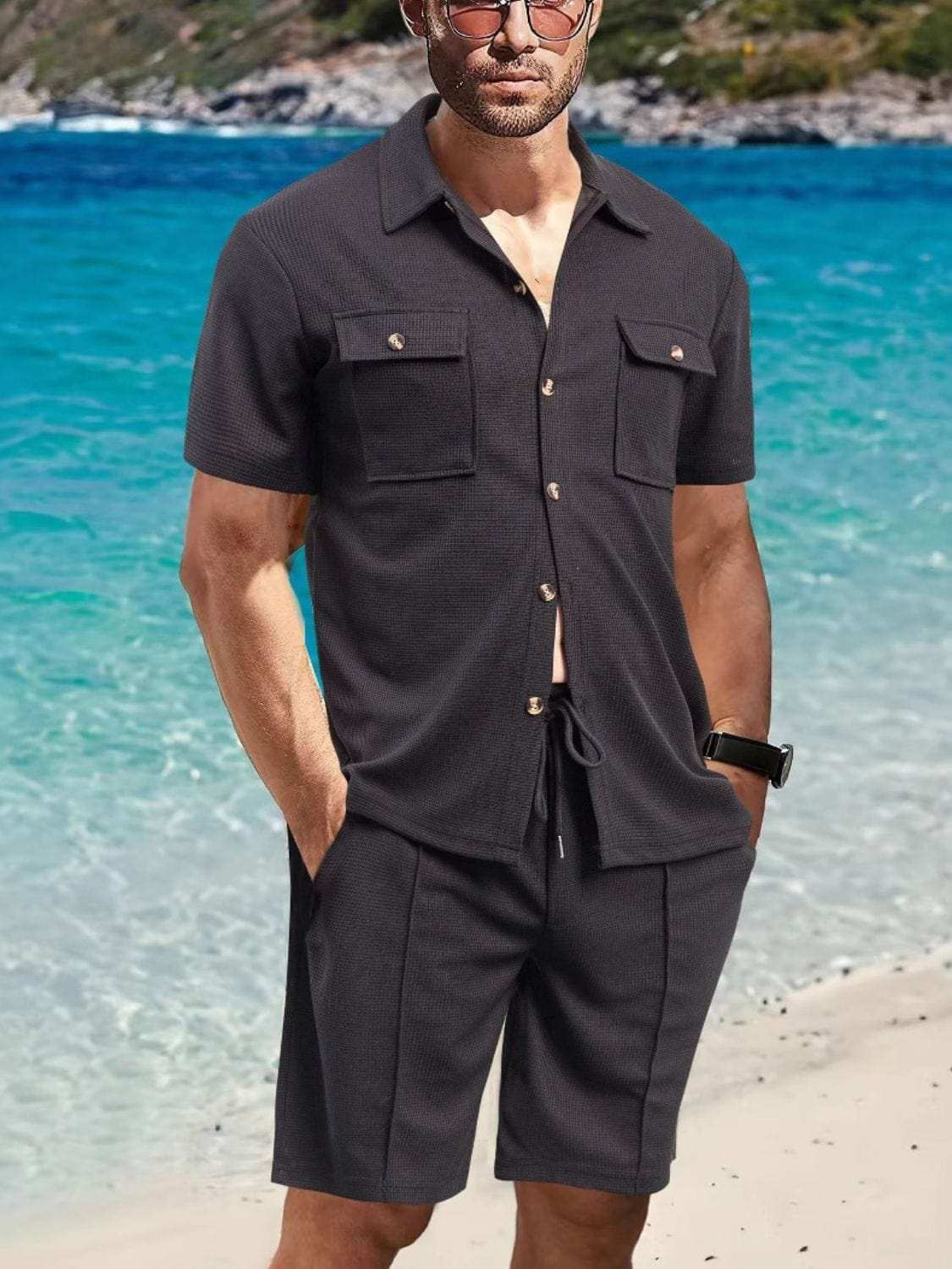 Men's Full Size Button Down Short Sleeve Top and Shorts Set Plus Size - Trendsi - Flyclothing LLC