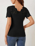 Lace Trim Eyelet Embroidered Summer T-Shirt - Trendsi - Flyclothing LLC