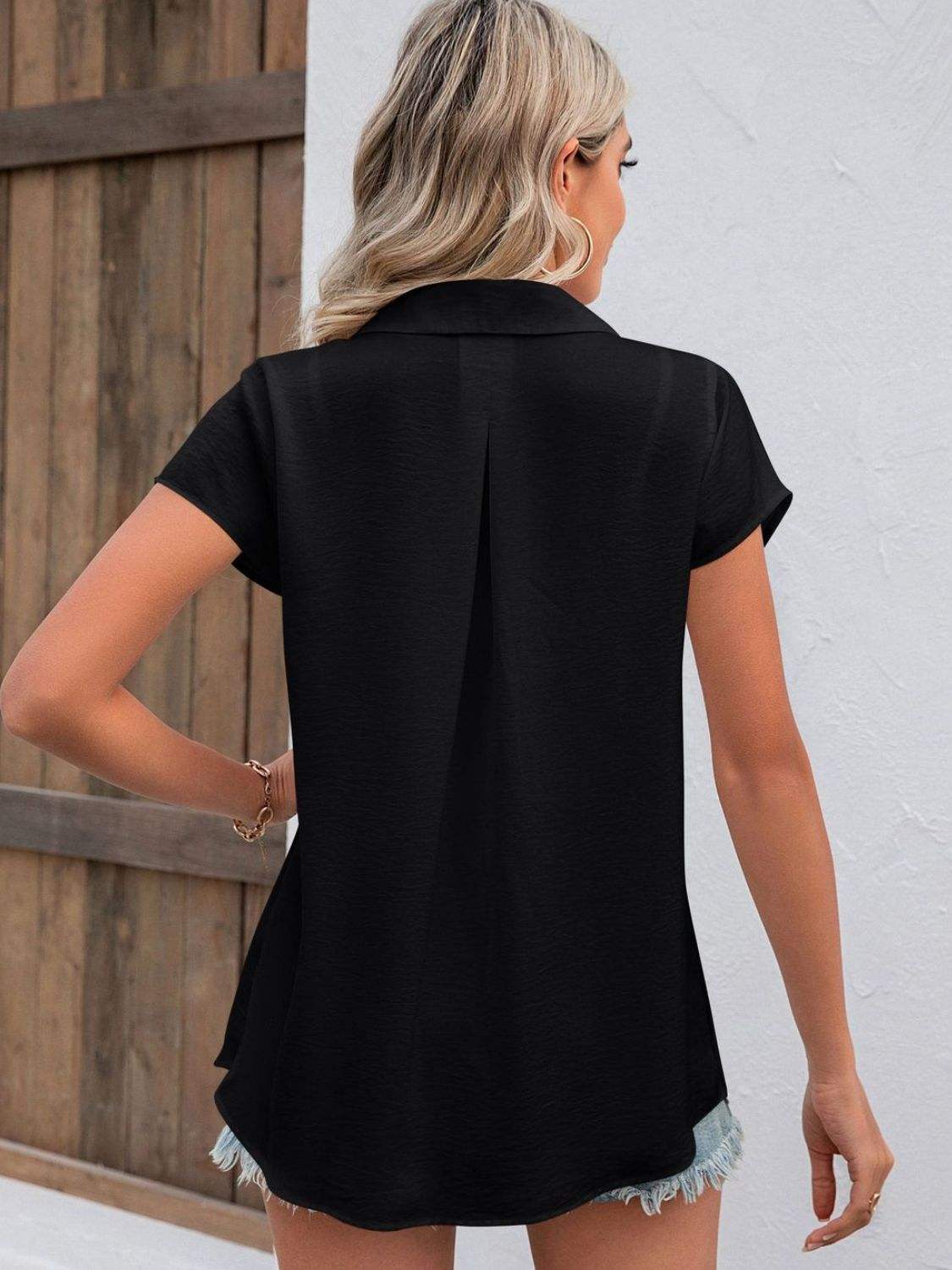 Button Up Collared Neck Short Sleeve Shirt - Trendsi - Flyclothing LLC