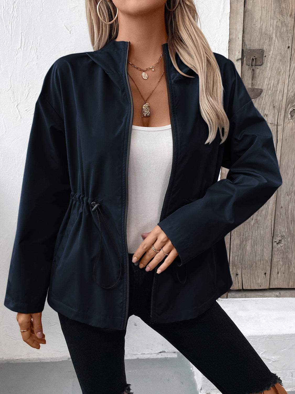 Drawstring Zip Up Hooded Jacket - Trendsi - Flyclothing LLC