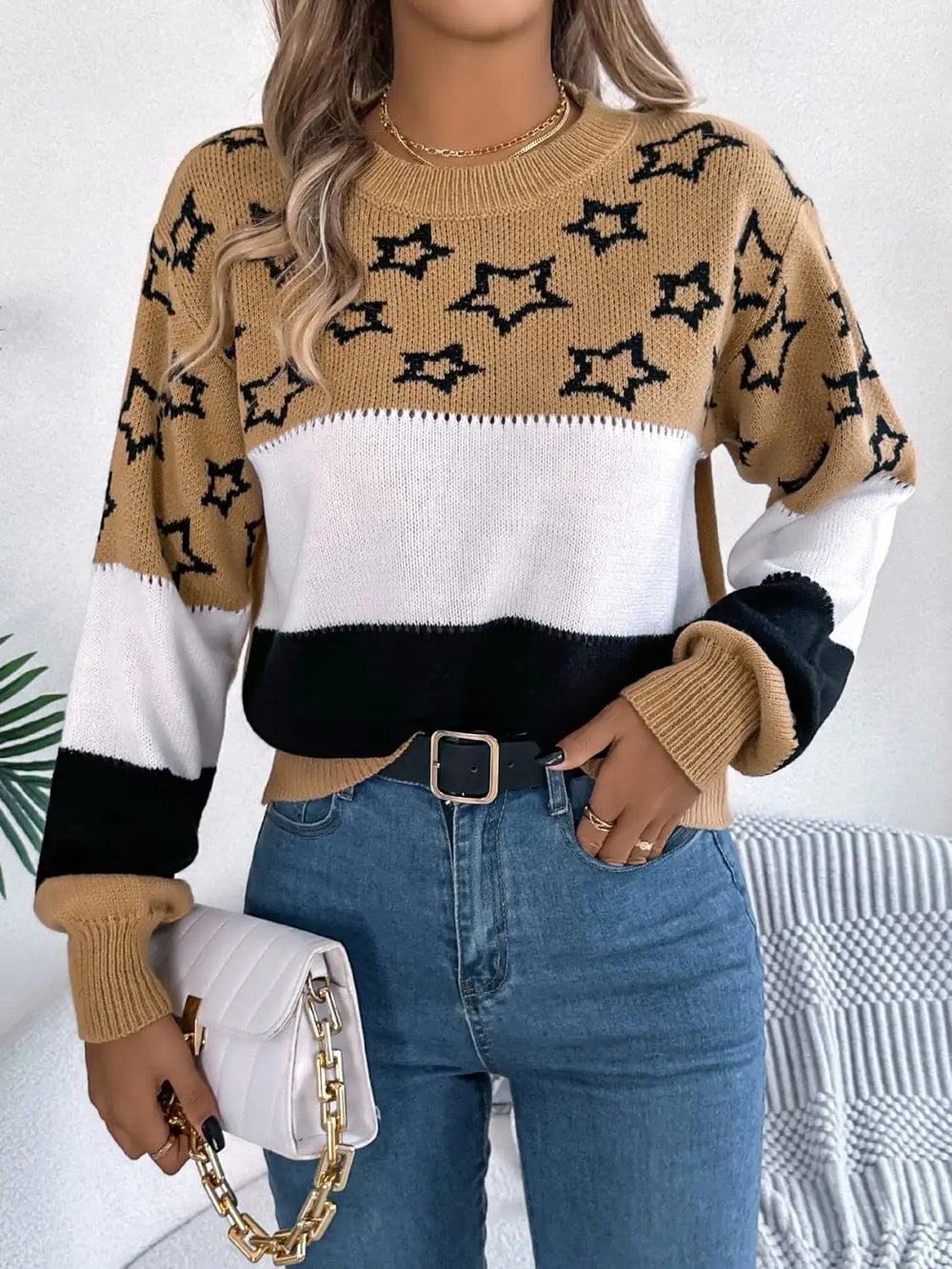 Star Contrast Round Neck Sweater - Trendsi