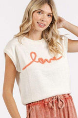 Mittoshop Contrast Letter Round Neck Cap Sleeve Knit Top - Trendsi - Flyclothing LLC