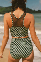 Dotted Mesh Plaid Patchwork High Waisted Swim Set - Trendsi - Flyclothing LLC