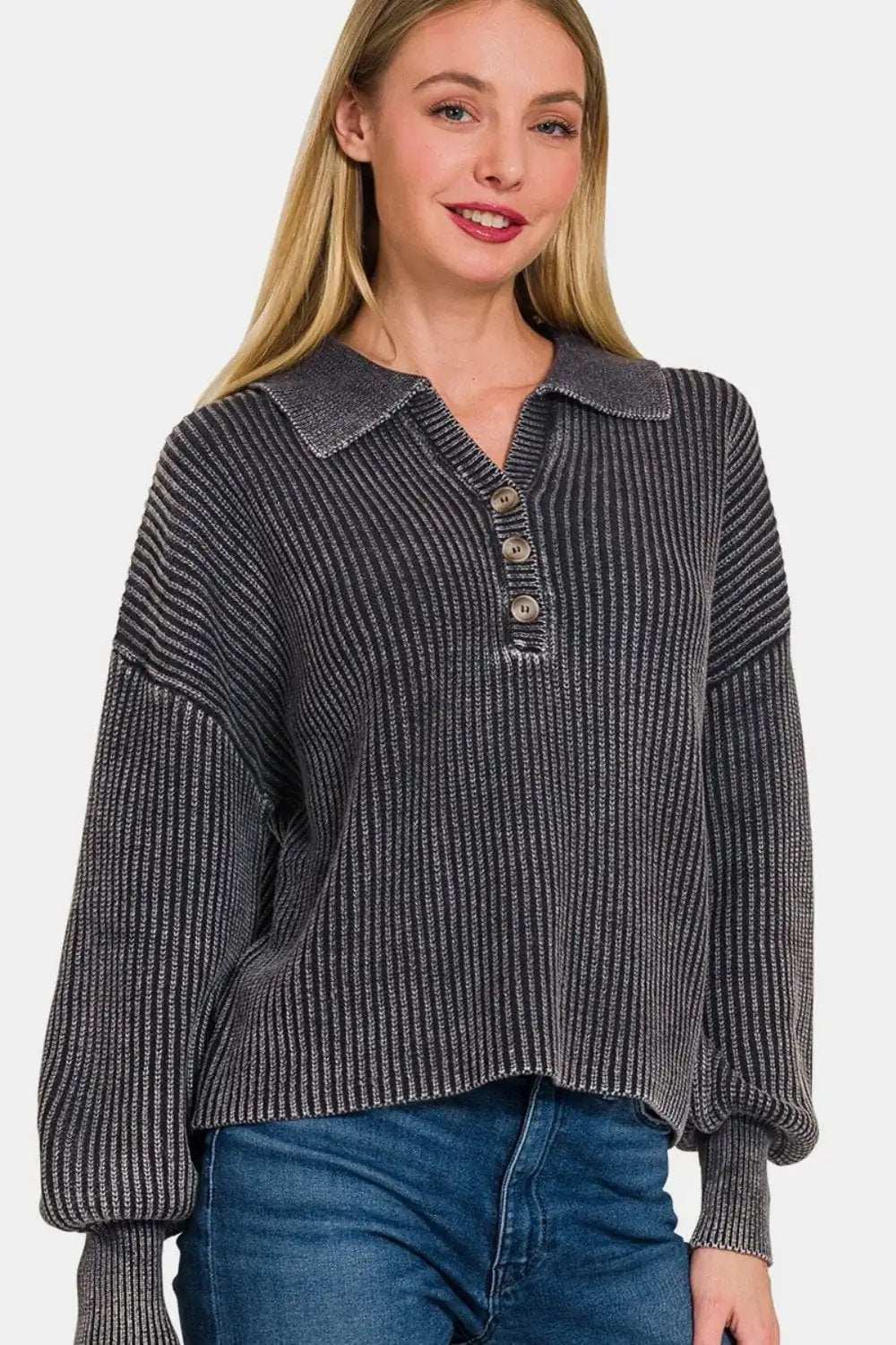 Zenana Washed Half Button Long Sleeve Sweater - Trendsi - Flyclothing LLC