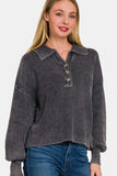 Zenana Washed Half Button Long Sleeve Sweater - Trendsi - Flyclothing LLC