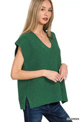 Zenana Ribbed Slit V-Neck Sweater Vest - Trendsi - Flyclothing LLC