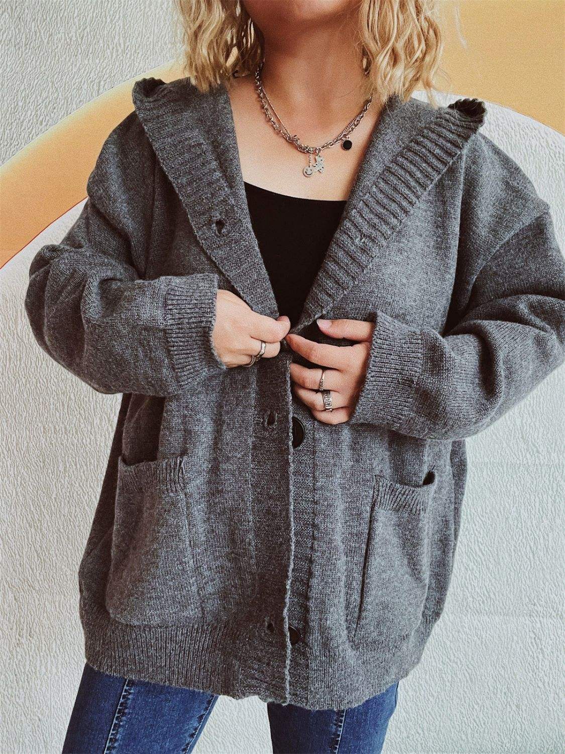 Dropped Shoulder Long Sleeve Hooded Cardigan - Trendsi - Flyclothing LLC