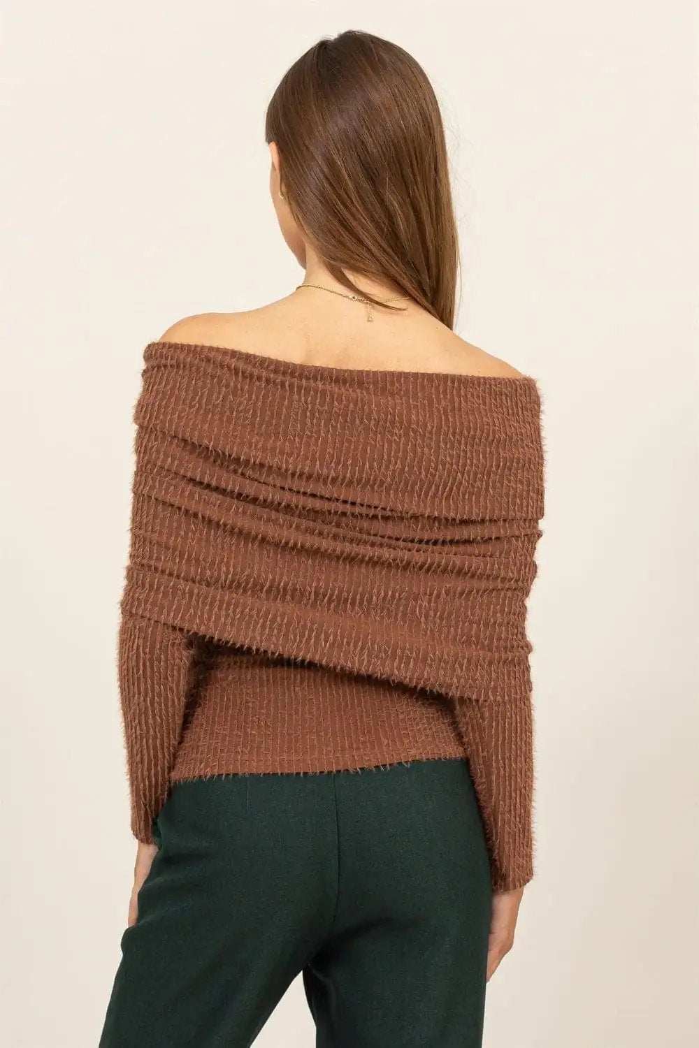 HYFVE Fuzzy Off Shoulder Textured Knit Top - Trendsi - Flyclothing LLC