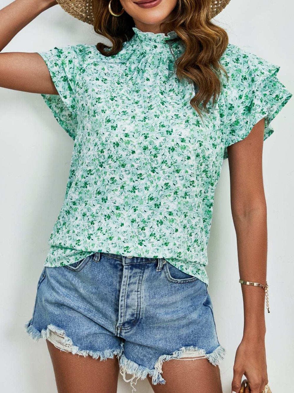 Ditsy Floral Mock Neck Flounce Sleeve Blouse - Trendsi - Flyclothing LLC