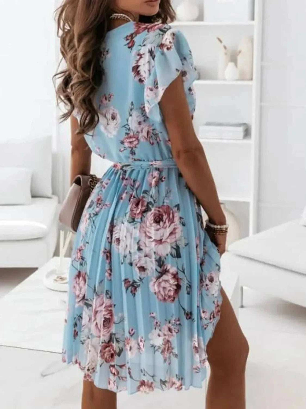 Floral Surplice Ruffled Cap Sleeve Dress - Trendsi - Flyclothing LLC