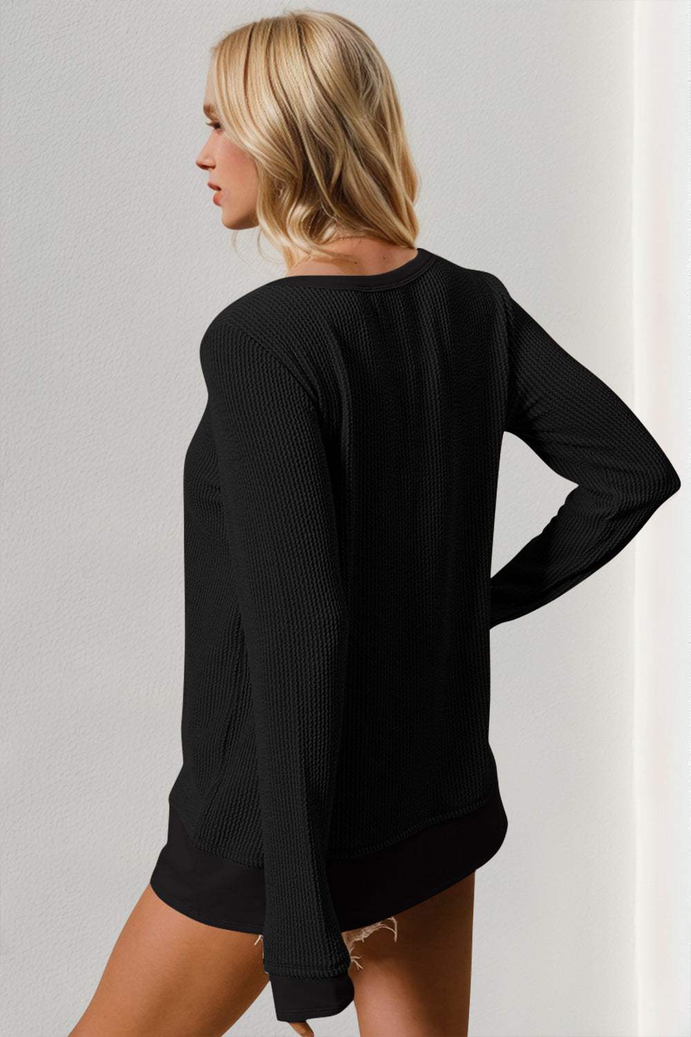 Double Take Corded Rib Thumbhole Cuff Round Neck T-Shirt - Trendsi - Flyclothing LLC
