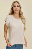 Double Take Full Size Cable-Knit Round Neck Short Sleeve Sweater - Trendsi - Flyclothing LLC