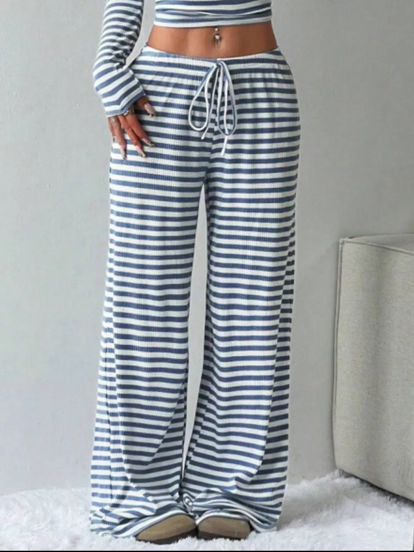 Striped Long Sleeve Crop Top and Wide Leg Pants Set - Trendsi - Flyclothing LLC