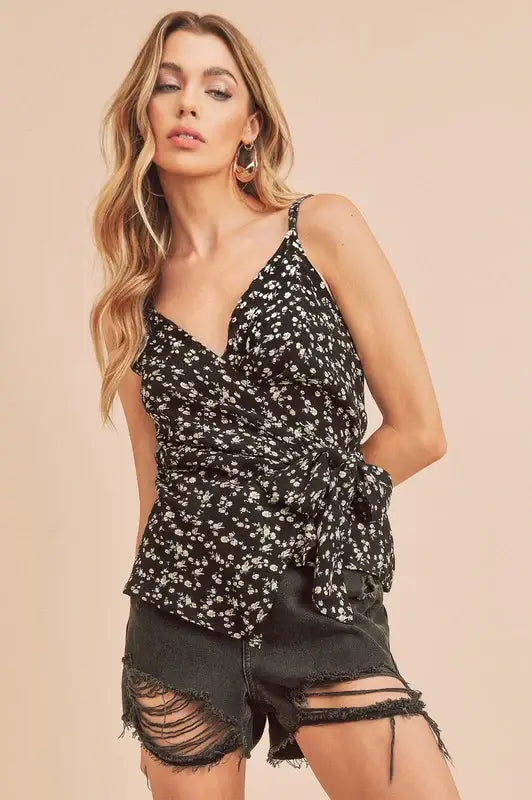 Aemi + Co Ditsy Floral Surplice Adjustable Straps Cami - Trendsi - Flyclothing LLC