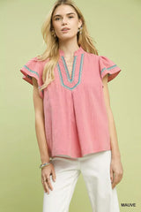 Umgee Embroidered Flutter Sleeve Blouse - Trendsi - Flyclothing LLC
