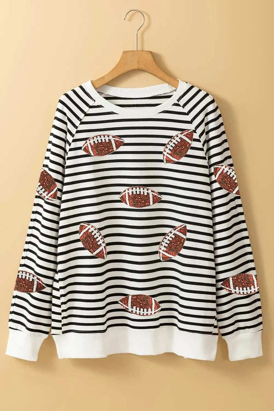 Sequin Football Striped Long Sleeve Sweatshirt - Trendsi - Flyclothing LLC
