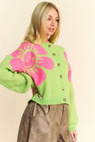 Davi & Dani Flower Contrast Round Neck Long Sleeve Cardigan - Trendsi