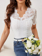 Lace Trim Eyelet Embroidered Summer T-Shirt - Trendsi - Flyclothing LLC