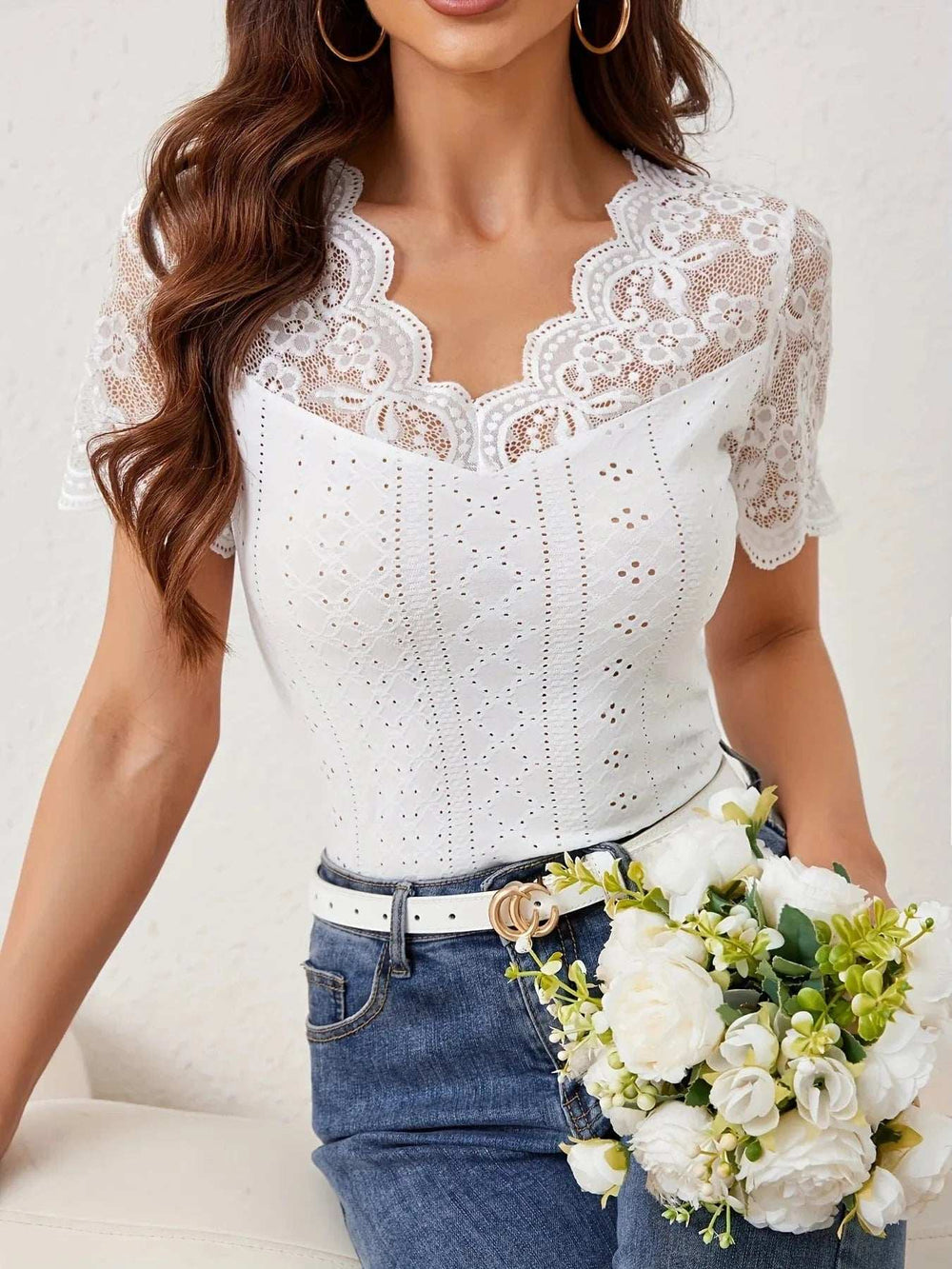 Lace Trim Eyelet Embroidered Summer T-Shirt - Trendsi - Flyclothing LLC