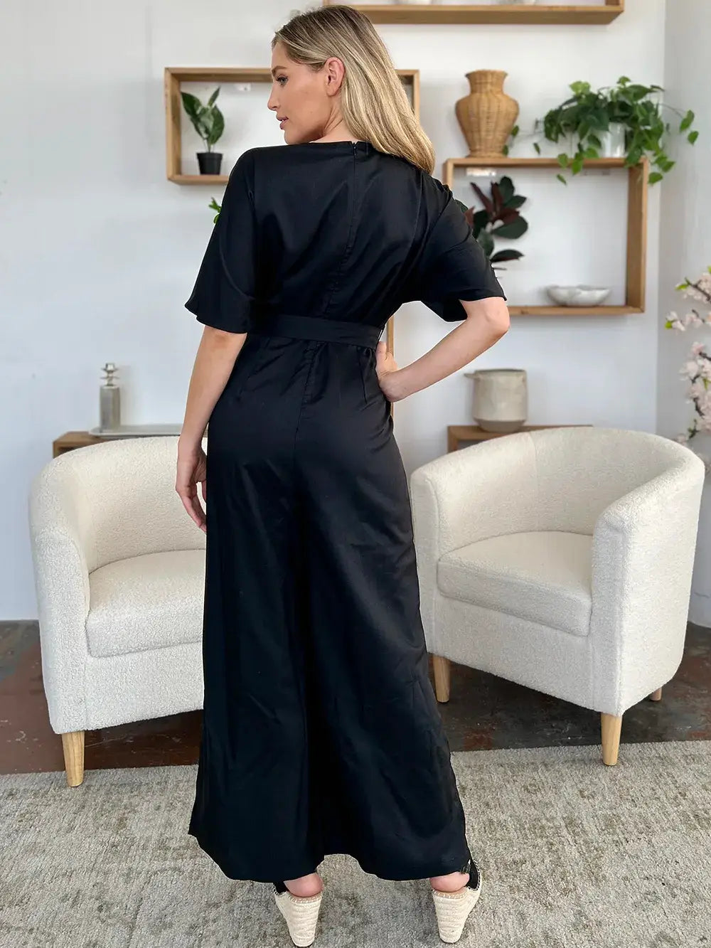 Double Take Full Size V-Neck Tied Side Slit Jumpsuit - Trendsi - Flyclothing LLC