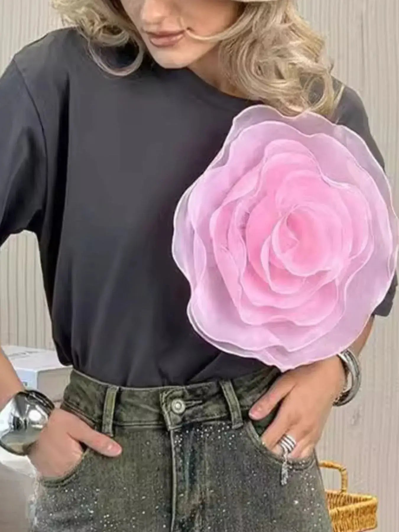 Flower Round Neck Short Sleeve T-Shirt - Trendsi - Flyclothing LLC