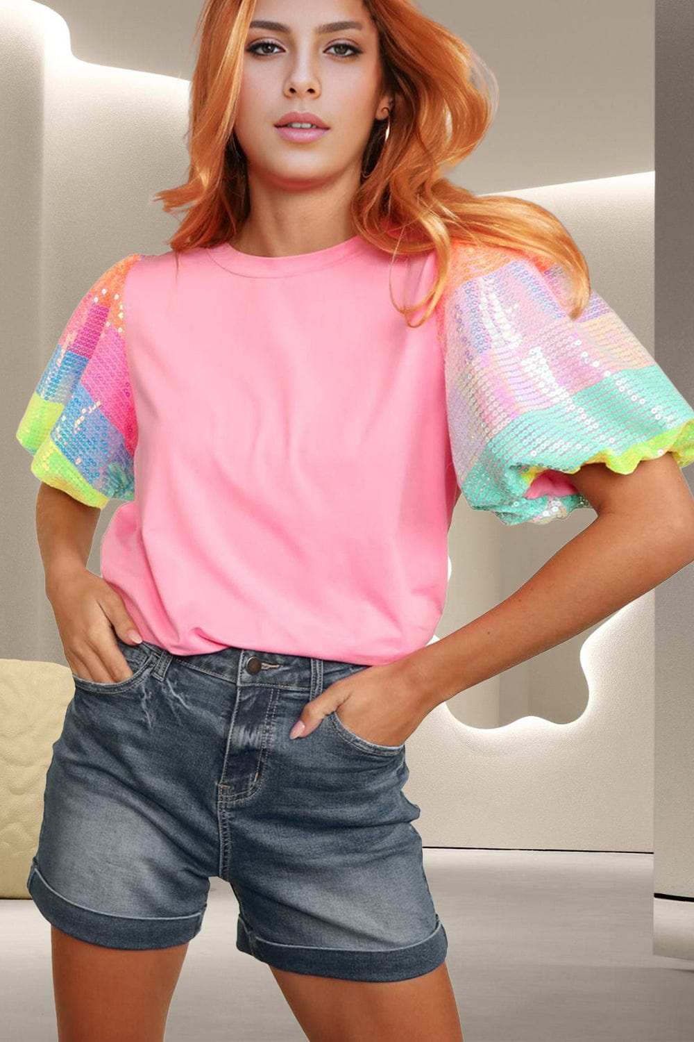 Sequin Round Neck Short Sleeve Blouse - Trendsi - Flyclothing LLC