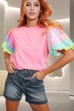 Sequin Round Neck Short Sleeve Blouse - Trendsi - Flyclothing LLC
