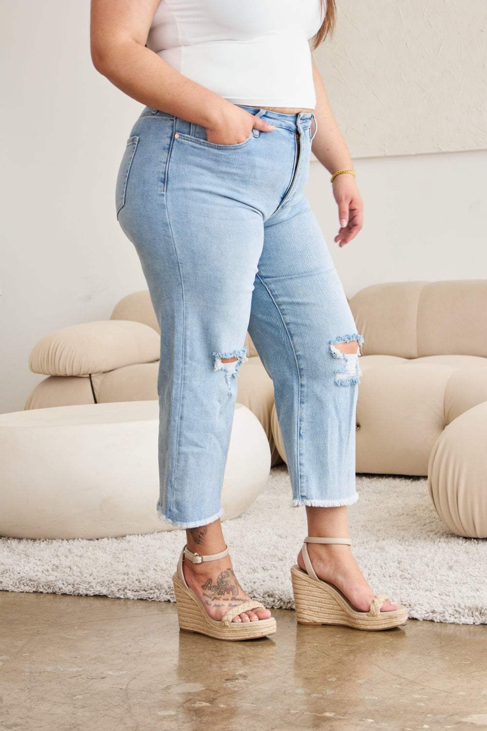 RFM Full Size Tummy Control High Waist Raw Hem Distressed Jeans - Trendsi - Flyclothing LLC