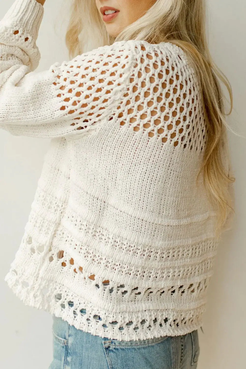 Pointelle Knit Puff Sleeve Sweater - Trendsi - Flyclothing LLC